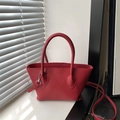 Chic red lychee pattern large capacity handbag with silver hardware and shoulder strap - Red