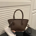 Dark brown lychee pattern crossbody bag with top handles and silver hardware - Brown
