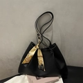 Large black pleated tote bag with chic yellow silk scarf handle and long shoulder strap - Black