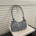 Blue monogram crescent crossbody bag with silver star chain and knot detail - Blue
