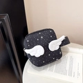 Star pattern handbag with plush angel wings and top zipper in black color finish - Black