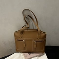 Borsa tote in pelle testa di moro con cuciture a contrasto bianche e doppie tasche zip - Cuoio