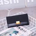 Women's vintage matte black long wallet with dual texture and gold metal clasp - Black