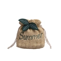 Beige gewebte Sommer-Beuteltasche mit grüner Stickerei und praktischem Kordelzug - Khaki