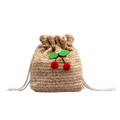 Straw woven bucket bag with red cherry accents and white drawstring closure for summer - Khaki