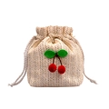 Handmade straw bucket bag with drawstring closure and cherry accents in beige color - Off White