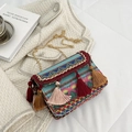 Ethnic bohemian woven crossbody bag with colorful tassels and gold chain strap - Multicolor Geometric (Style 2)