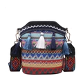 Bolso cubo bordado de estilo bohemio étnico con flecos coloridos y correa ancha tejida - Negro