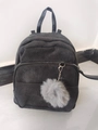 Dark gray corduroy mini backpack with furry pompom keychain and silver zipper - Black