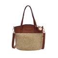 Sac seau en cuir marron et paille tressée beige avec pendentif chat et bandoulière - Grand