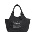 Large capacity black canvas tote bag with white minimalist typography for daily use - Black