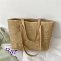Borsa tote in paglia intrecciata con manici in pelle beige per spiaggia e grande capienza - Cachi