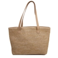 Große hellbraune geflochtene Strohtasche mit Lederriemen für sommerliche Strandmode - Khaki