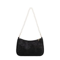 Black lace baguette bag with oversized pearl handle and gold zipper closure - Black