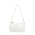Elegant white lace handbag for women featuring large pearl strap and gold hardware - White