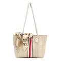 Bolso playero de paja con asas de cuerda de algodón y cinta decorativa - Blanco - Raya Roja