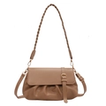 Khaki pleated cloud shoulder bag for women with woven strap and belt buckle decor - Khaki