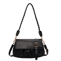 Chic black pleated shoulder bag with golden buckle and woven handle for women - Black