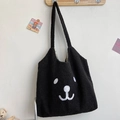 Black teddy fleece tote bag with cute white animal embroidery and sturdy shoulder strap - Black