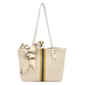 Bolso de paja beige con rayas amarillas y azules, asas de cuerda y bufanda de seda floral - Blanco - Raya Azul