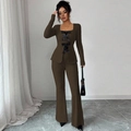 Deep brown knitted two-piece set featuring a bow-knot long sleeve top and flared pants - S / Brown