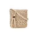 Handgemaakte beige geweven strooien crossbodytas met bloemenhaakwerk en kwastje - Vierkant / Vierkant Beige