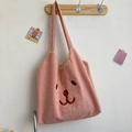 Pink plush teddy bear tote bag in soft lamb wool fleece with cute cartoon embroidery - Pink