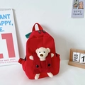 Zainetto rosso per bambini con orsetto di peluche in salopette di velluto a coste - Rosso