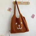 Cute brown teddy fleece tote bag with embroidered animal face for winter daily use - Brown