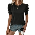 Camiseta negra de mujer con cuello redondo y elegantes mangas abullonadas de bordado inglés - S / Negro (Talla europea)