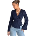Women's dark blue striped V-neck blouse with long sleeves and peplum waist design - S / Dark Blue Striped