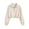 Women's cropped quarter-zip fleece sweatshirt in cream beige with adjustable drawstring hem - S / Apricot