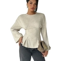 Top de punto beige con cintura fruncida y mangas de campana para mujer elegante - S / Albaricoque