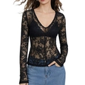 Top sexy in pizzo nero trasparente con scollo a V ed eleganti maniche lunghe - S / Nero
