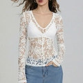 Top bianco in pizzo trasparente da donna con scollo a V e maniche lunghe eleganti - S / Bianco