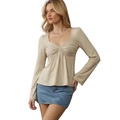 Women's apricot long sleeve knit top featuring a square neck and twist-knot detail - S / Apricot