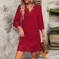 V-neck dark red lace dress with laser-cut hollow floral patterns and 3/4 sleeves - S / Burgundy