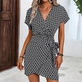 Short sleeve V-neck wrap dress with black and white geometric chain print and waist tie - S / Black