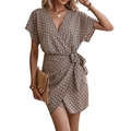 Short sleeve wrap dress with brown snake skin print and waist tie for a stylish summer look - S / Khaki