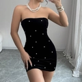Elegant black velvet strapless mini dress with white pearl embellishments and slim fit - S / Black