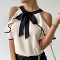 Elegante schulterfreie Schifon-Bluse in Beige mit schwarzer Schleife und Rüschen - S / Off-White mit Schwarz