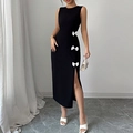 Slim fit black sleeveless midi dress with side slit and white decorative bows - S / Black