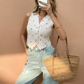 White sleeveless V-neck vest with black heart print and button-front closure - S / Tops / Apricot