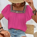 Hot pink bohemian blouse with square neck embroidery and flutter sleeves for summer - S / Tops / Rose Red