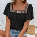 Bohemian black square neck top with colorful geometric embroidery and ruffle sleeves - S / Tops / Black