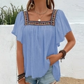 Sky blue square neck blouse with bohemian floral embroidery and flutter sleeves - S / Tops / Blue