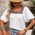 Bohemian white square neck blouse with colorful embroidery and ruffle sleeves - S / Tops / White