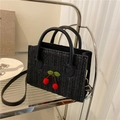 Black woven small square bag with 3D cherry decoration and round handles - Black