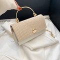 Chic woven flap handbag in creamy white with gold ring handle and chain strap - White