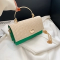 Fashionable woven beige straw bag with green leather trim and golden metal handle - Green